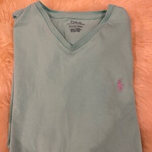 Polo by Ralph Lauren Light Aqua V-Neck Shirt with Pink Pony Logo